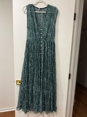 Free People Teal Green Printed Button-Front Maxi Dress